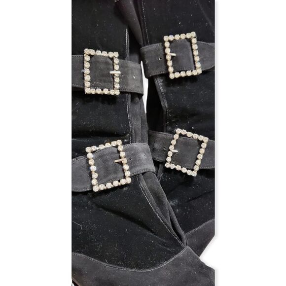 MANOLO BLAHNIK Early 80s Vintage Suede/Velvet Rhinestone Buckle Boots 39.5 - Picture 4 of 9